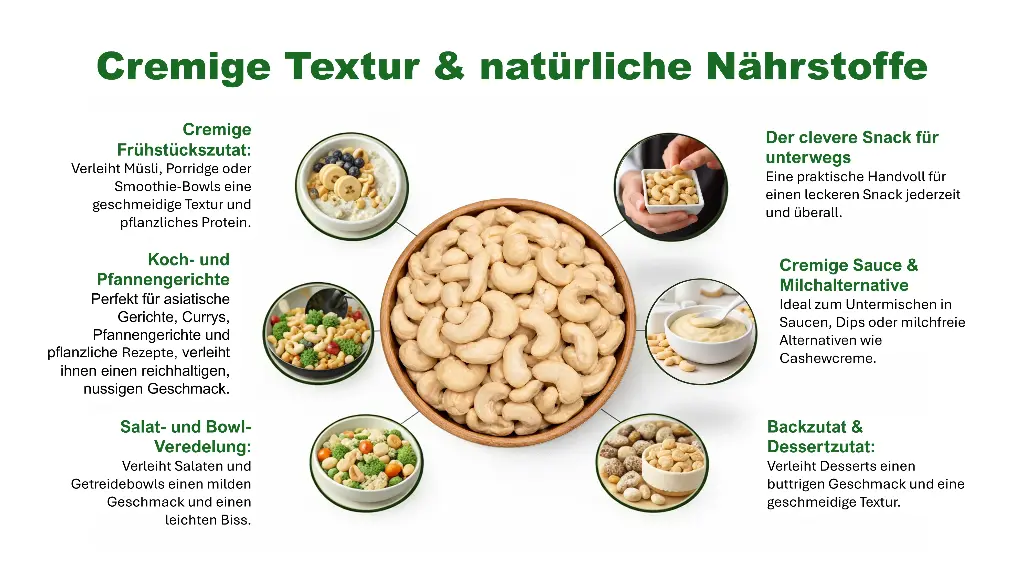 DE | Anwendung | Cremig in jeder Küche | Im Müsli, in Currys und Pfannengerichten, als Snack oder als Basis für Saucen und Cashewcreme.