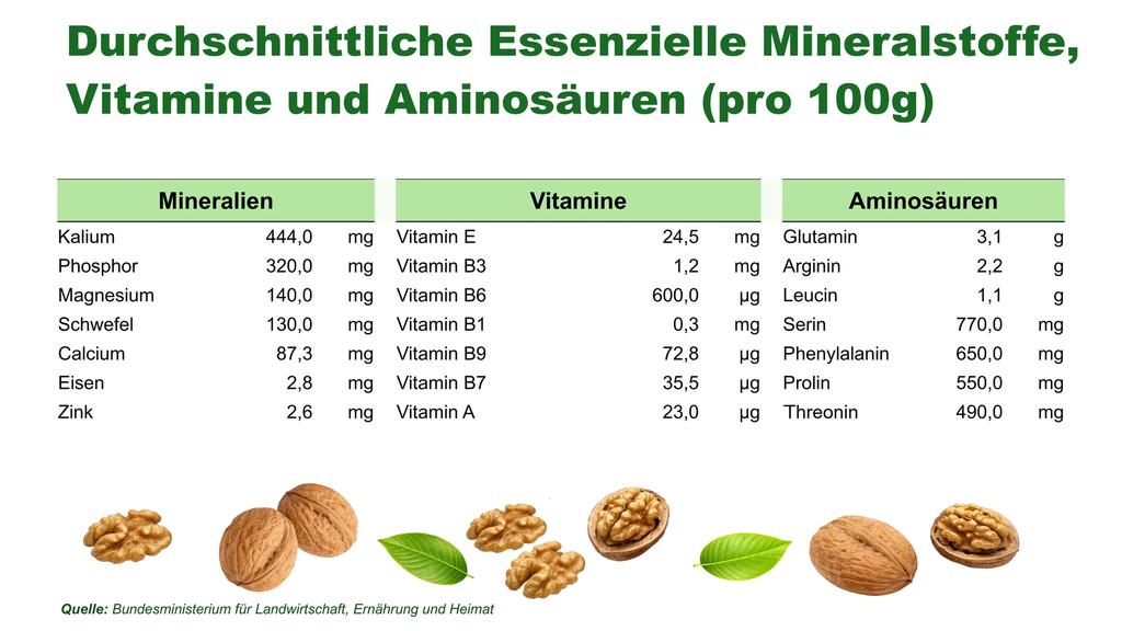 DE | Nährwerte | Was in 100 g steckt | 24,5 mg Vitamin E, 320 mg Phosphor und 140 mg Magnesium pro 100 g – alle Werte im Überblick.
