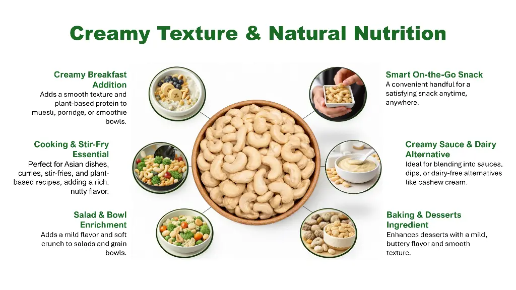 EN | How to use | Creamy in every kitchen | In muesli, curries and stir-fries, as a snack or as a base for sauces and cashew cream.