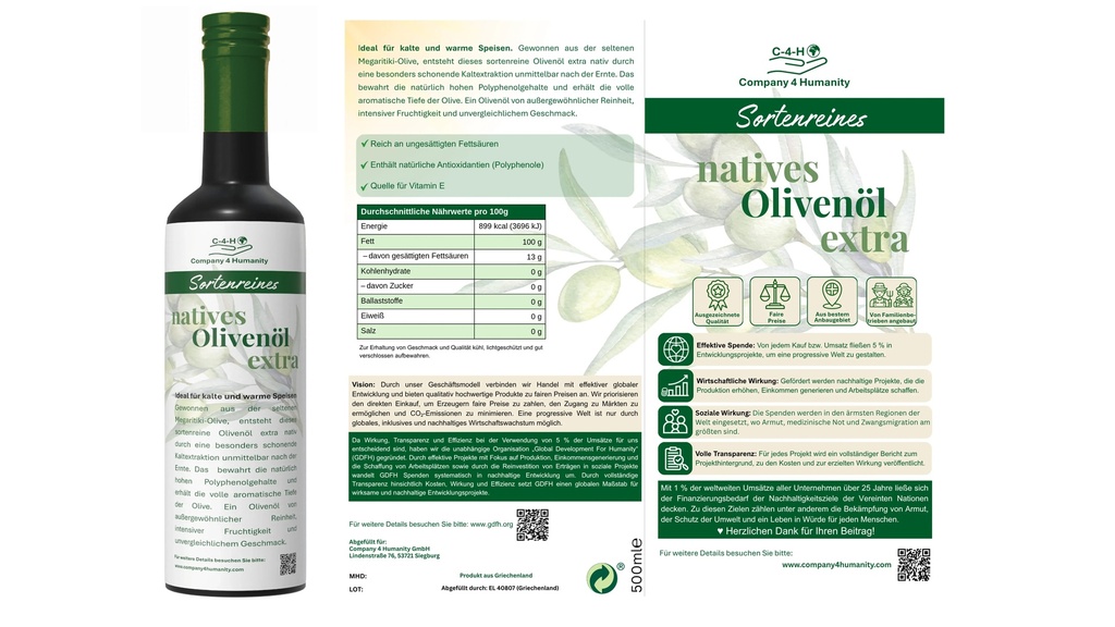 DE | Verpackung | Sortenrein und kaltgepresst | Natives Olivenöl extra in der dunklen Glasflasche – mit allen Infos zu Herkunft, Nährwerten und Wirkung auf dem Etikett.
