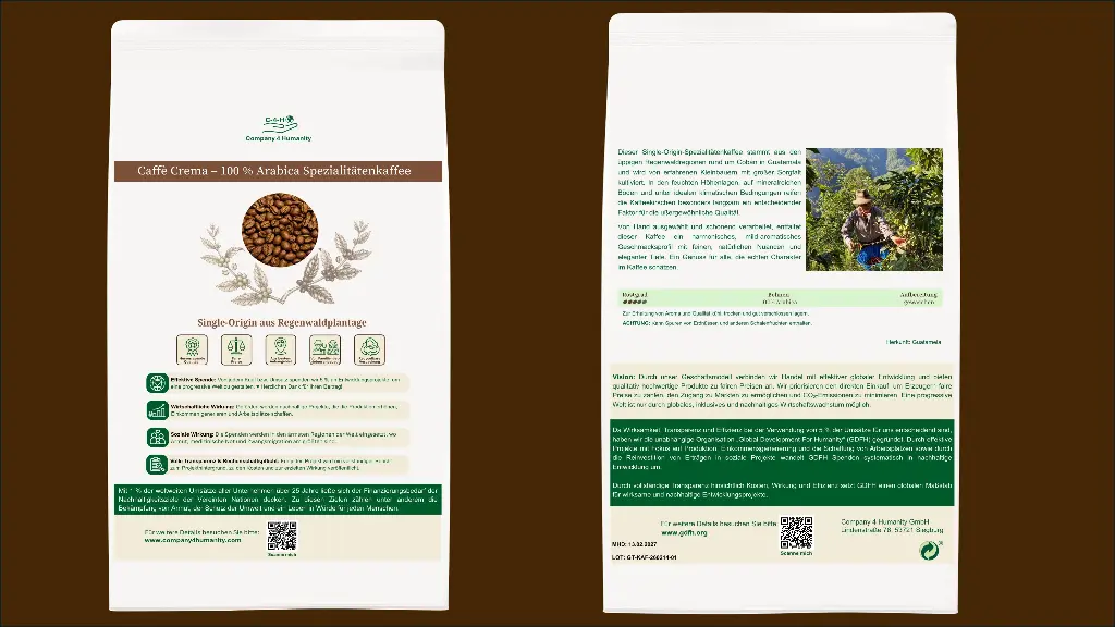 DE | Verpackung | Frisch und aromadicht verpackt | Caffè Crema aus 100 % Arabica-Spezialitätenkaffee – mit allen Infos zu Herkunft und Wirkung direkt auf der Packung.