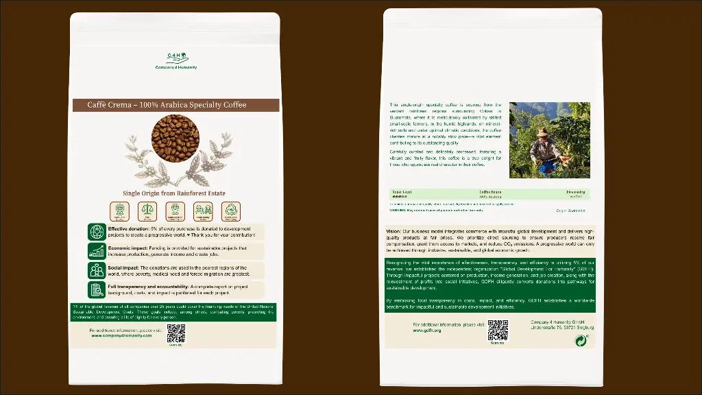 EN | Packaging | Freshly sealed, full of aroma | Caffè Crema from 100% Arabica specialty coffee – with the full story of origin and impact right on the pack.