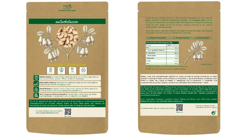 DE | Verpackung | Frisch und natürlich verpackt | Knackige Cashewkerne im wiederverschließbaren Beutel – mit allen Infos zu Herkunft und Wirkung direkt auf der Packung.