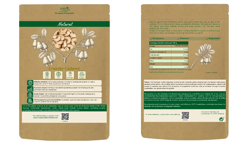 EN | Packaging | Freshly and naturally packed | Crunchy cashew kernels in a resealable bag – with the full story of origin and impact right on the pack.